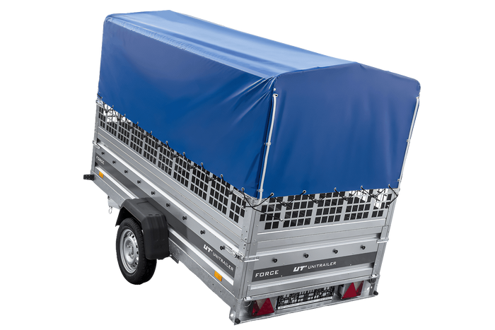 Remorque porte-voitures sur ressorts 264x125 UNITRAILER FORCE 264/R KIPP avec côtés en filet, châssis H-800 et bâche bleue
