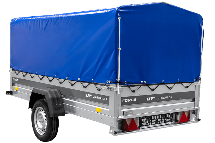 Remorque porte-voitures 264x125 UNITRAILER FORCE 264 KIPP avec châssis H-800 et bâche bleue