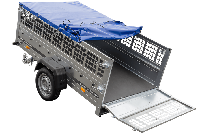 Remorque légère 230x125 UNITRAILER GARDEN 230 KIPP avec côtés en filet, châssis H-0 et bâche bleue