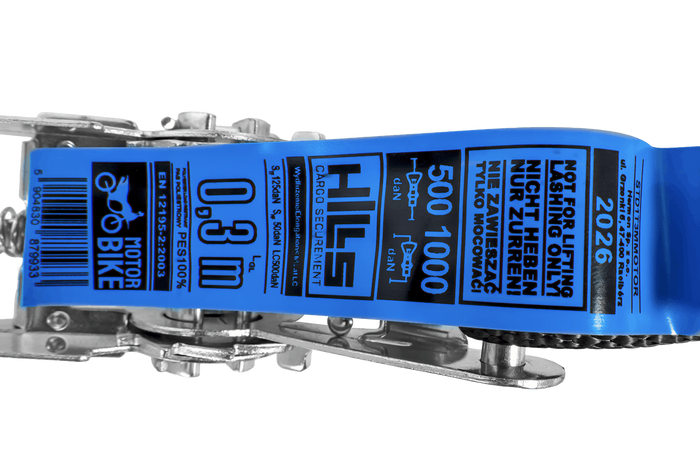 Ensemble de deux sangles de transport HILLS 3 m/25 mm/1 t avec tendeur et deux harnais de 0,45 m pour la fixation de la moto