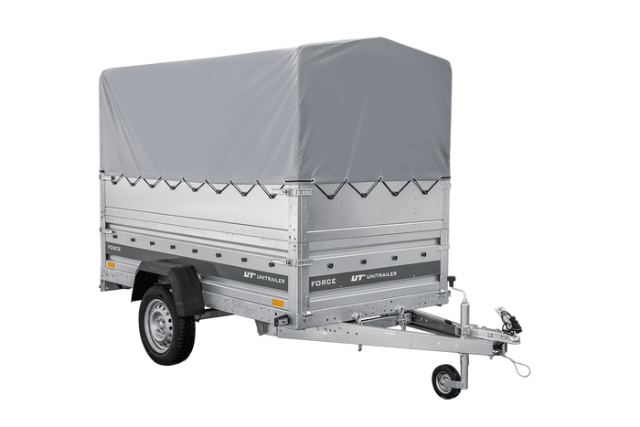 Remorque porte-voitures 230x125 UNITRAILER FORCE 230 KIPP avec ridelles BIS, châssis H-800 et bâche grise