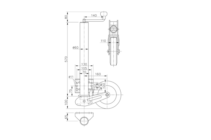 Roue de support, jockey automatique WINTERHOFF VK 60-BLH-255 SB avec poignée, 500 kg, 60 mm, 670-905 mm