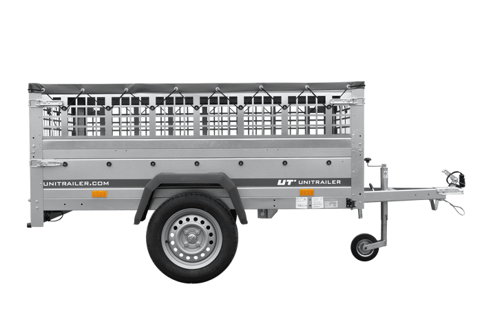 Remorque porte-voitures 200x125 UNITRAILER GARDEN 201 KIPP avec côtés en filet, châssis H-0 et bâche grise