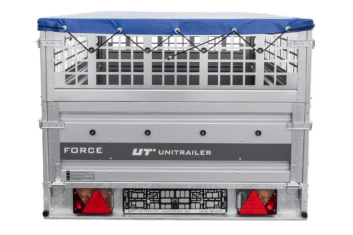 Remorque à un essieu 264x125 UNITRAILER FORCE 264 KIPP avec ridelles grillagées, châssis H-0 et bâche bleue