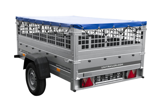 Remorque à un essieu 200x125 UNITRAILER GARDEN 201 KIPP avec ridelles grillagées, châssis H-0 et bâche bleue