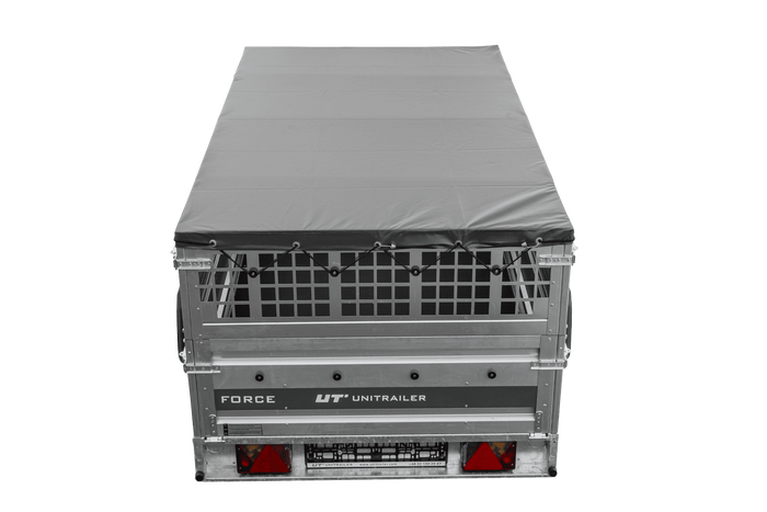 Remorque à un essieu 230x125 UNITRAILER FORCE 230 KIPP avec côtés grillagés, châssis H-0 et bâche grise