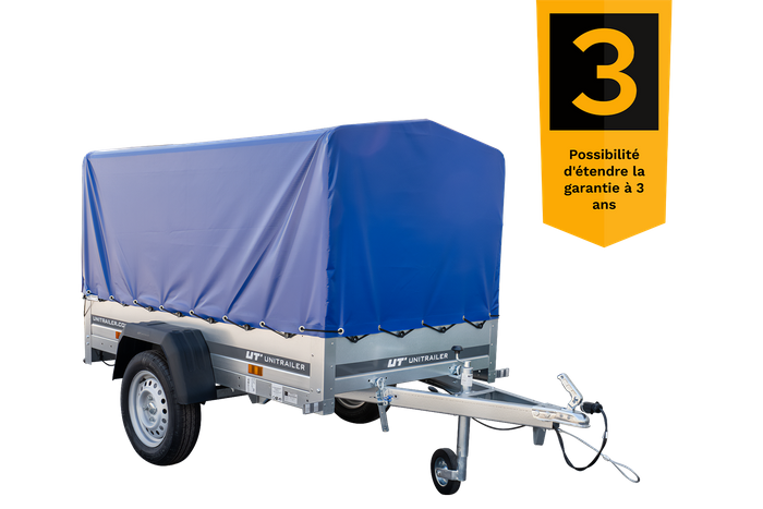 Remorque à un essieu 200x106 UNITRAILER GARDEN 200 KIPP avec châssis H-800 et bâche bleue