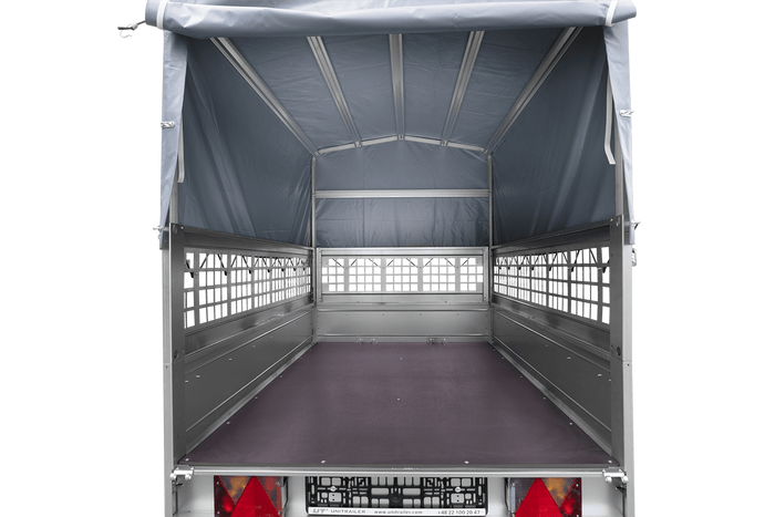 Remorque à un essieu 200x125 UNITRAILER GARDEN 201 KIPP avec côtés en filet, châssis H-800 et bâche grise