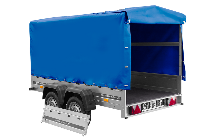 Remorque à deux essieux 264x125 UNITRAILER GARDEN TRAILER 264/2 KIPP avec châssis H-1100 et bâche bleue