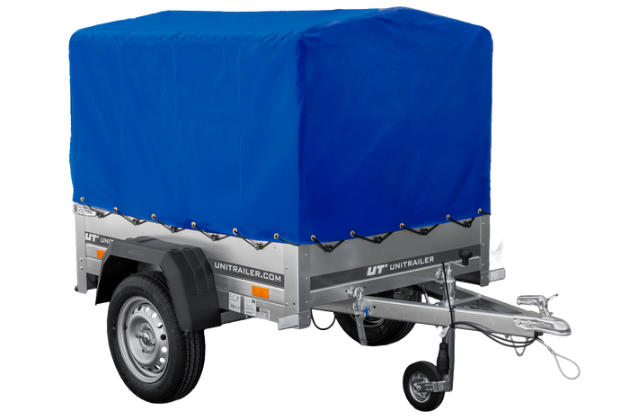 Remorque pour voiture 150x106 bâche bleue + arceau, PTAC 500 kg Garden Trailer 150 KIPP [avec roue jockey]