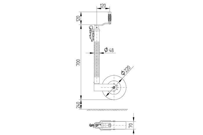 Roue jockey KNOTT TK48, tube ondulé, 300 kg, 48 mm, 700-940 mm