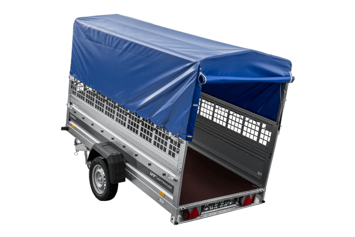 Remorque porte-voitures 264x125 UNITRAILER FORCE 264 KIPP avec côtés en filet, châssis H-800 et bâche bleue