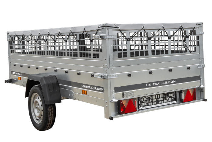 Remorque à un essieu sur ressorts 264x125 UNITRAILER GARDEN 264/R KIPP avec côtés en filet, châssis H-0 et bâche grise
