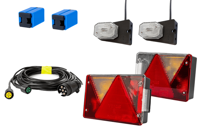 Kit d&#39;éclairage : feux arrière ASPÖCK + feux de position latéraux ASPÖCK + faisceau MANTES 5,2 m 7 broches + connecteurs rapides