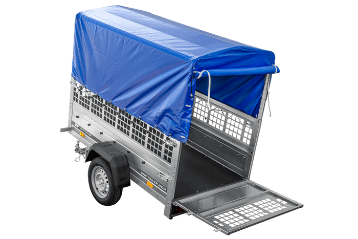 Remorque légère 200x106 UNITRAILER GARDEN 200 KIPP avec côtés en filet, châssis H-800 et bâche bleue