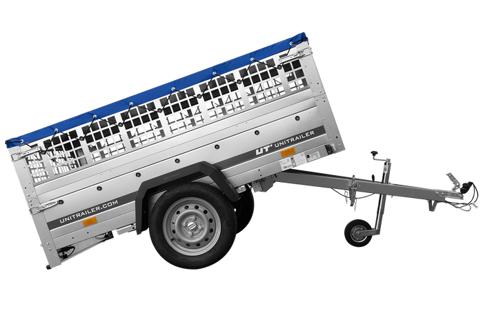 Remorque porte-voitures sur ressorts 200x125 UNITRAILER GARDEN 201/R KIPP avec côtés en filet, châssis H-0 et bâche bleue