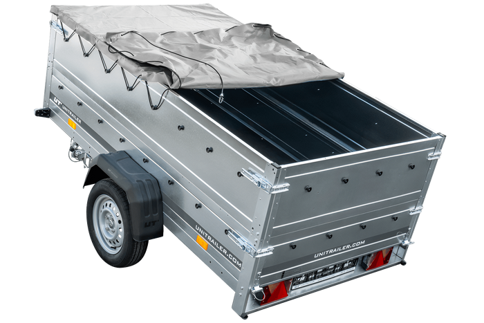 Grande remorque 230x125 avec bâche plate grise, rehausses de ridelles et roue jockey - Garden Trailer 230 KIPP