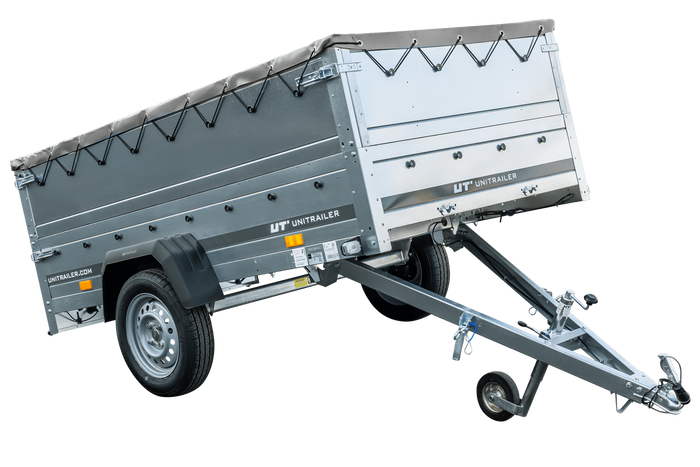 Grande remorque 230x125 avec bâche plate grise, tiges de support bâche, rehausses de ridelles et roue jockey - Garden Trailer 230 KIPP