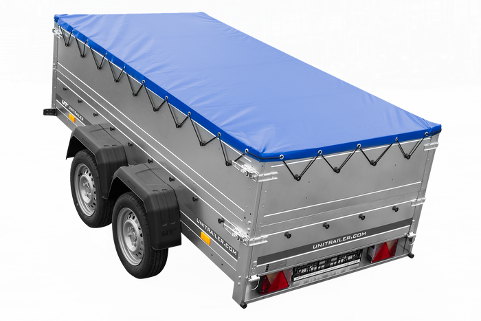 Remorque double essieux Garden Trailer 264/2 KIPP avec roue jockey, rehausses de ridelles et bâche plate bleue