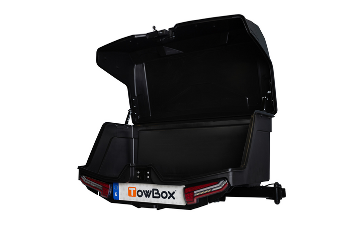 Towbox Camper Alpha noir (court) - coffre de toit monté sur attelage
