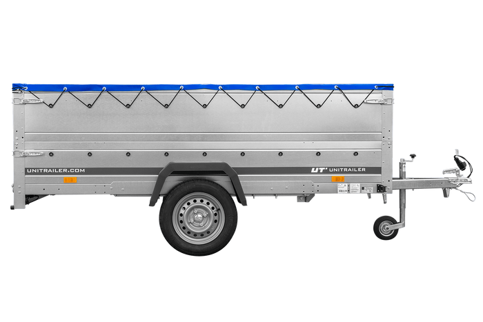 Remorque à un essieu sur ressorts 264x125 UNITRAILER GARDEN 264/R KIPP avec côtés, ridelles BIS, châssis H-0 et bâche bleue