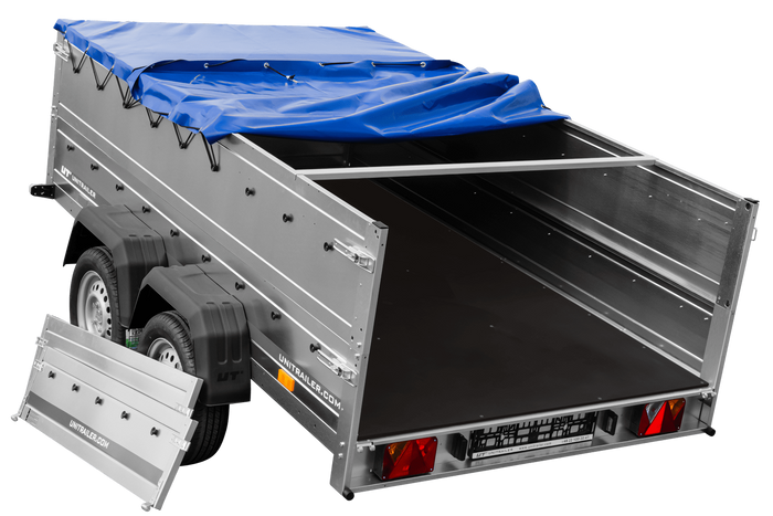 Remorque à deux essieux 264x150 UNITRAILER GARDEN 265/2 KIPP avec ridelles BIS, châssis H-0 et bâche bleue