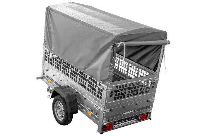 Remorque porte-voitures 200x106 UNITRAILER GARDEN 200 KIPP avec côtés en filet, châssis H-800 et bâche grise