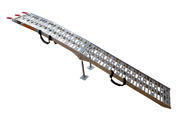 Rampe pliable UNITRAILER ALR003 en aluminium pour remorque, 221 cm, 340 kg, avec sangle et support.