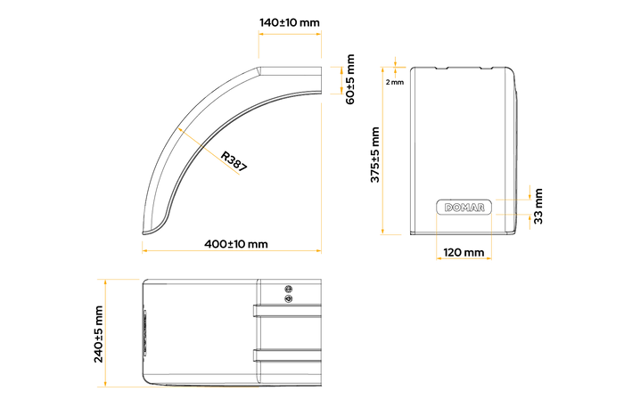 Demi-garde-boue gauche pour remorque DOMAR DR1014001, passage de roue 400/240 mm