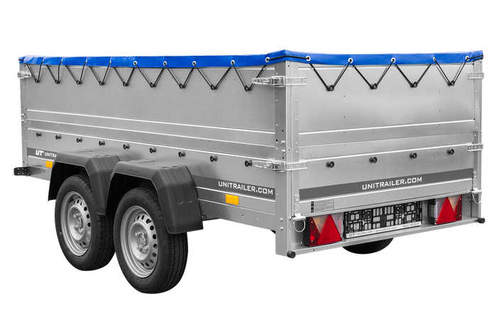 GARDEN TRAILER 264/2 KIPP remorque à deux essieux avec roue jockey, tiges de support, ridelles supplémentaires et bâche plate bleue