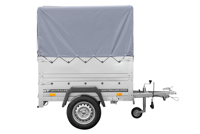 Remorque mono-essieu 150x106 UNITRAILER GARDEN 150 KIPP avec ridelles BIS, châssis H-800 et bâche grise