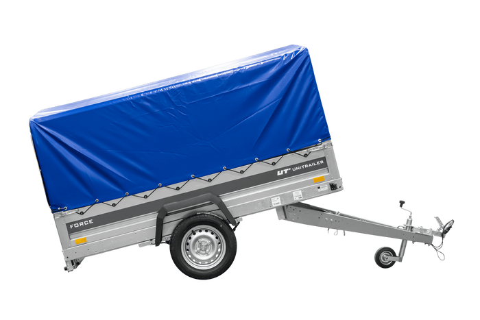 Remorque porte-voitures sur ressorts 230x125 UNITRAILER FORCE 230/R KIPP avec châssis H-800 et bâche bleue