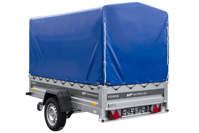 Remorque porte-voitures sur ressorts 230x125 UNITRAILER FORCE 230/R KIPP avec châssis H-1100 et bâche bleue