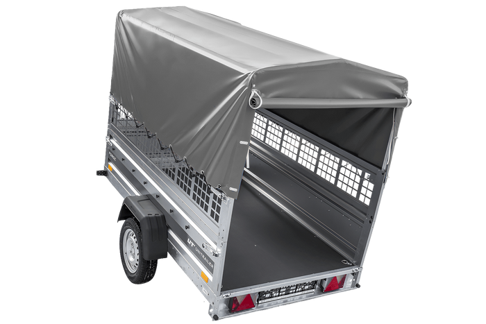 Remorque à un essieu 230x125 UNITRAILER FORCE 230 KIPP avec ridelles grillagées, châssis H-800 et bâche grise