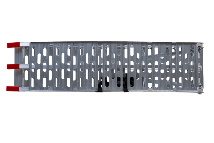 Rampe pliable UNITRAILER ALR003 en aluminium pour remorque, 221 cm, 340 kg, avec sangle et support.