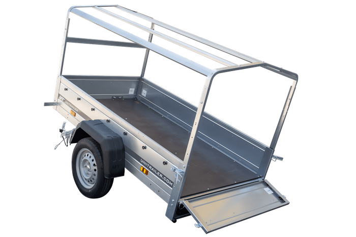 Remorque à un essieu 200x106 UNITRAILER GARDEN 200 KIPP avec châssis H-800 et bâche bleue