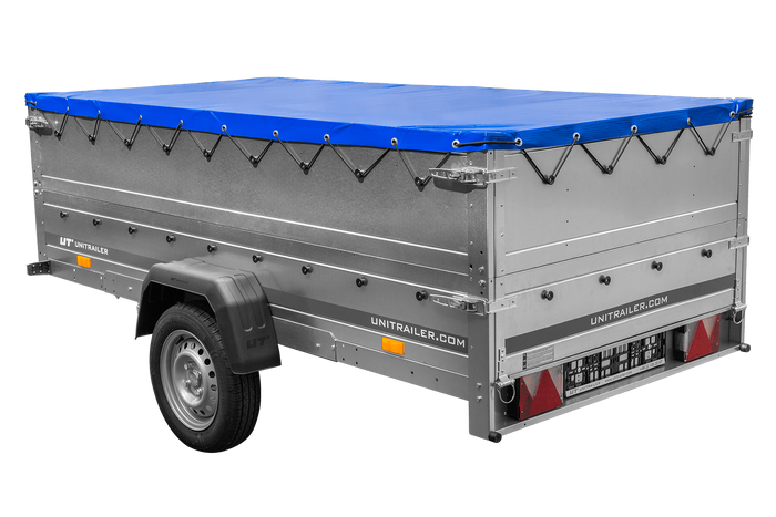 Remorque à un essieu sur ressorts 264x125 UNITRAILER GARDEN 264/R KIPP avec côtés, ridelles BIS, châssis H-0 et bâche bleue