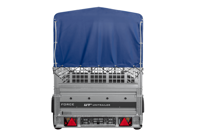 Remorque porte-voitures 264x125 UNITRAILER FORCE 264 KIPP avec côtés en filet, châssis H-800 et bâche bleue