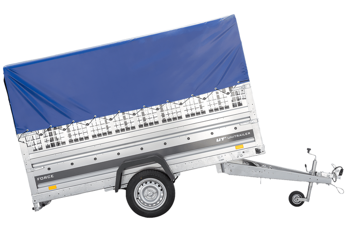 Remorque porte-voitures sur ressorts 264x125 UNITRAILER FORCE 264/R KIPP avec côtés en filet, châssis H-800 et bâche bleue
