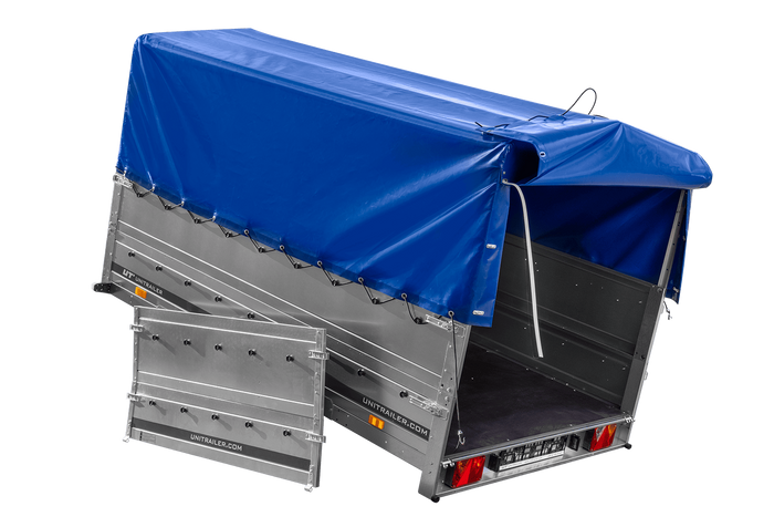 Remorque à un essieu 264x150 UNITRAILER GARDEN 265 KIPP avec ridelles BIS, arceau H-800 et bâche bleue
