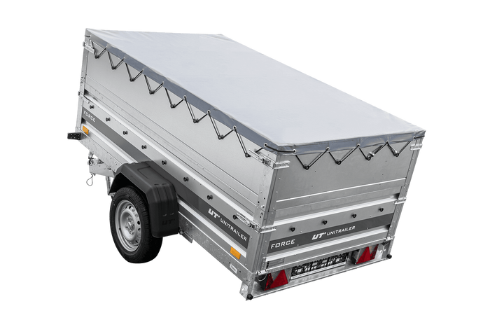 Remorque porte-voitures sur ressorts 230x125 UNITRAILER FORCE 230/R KIPP avec ridelles BIS, châssis H-0 et bâche grise