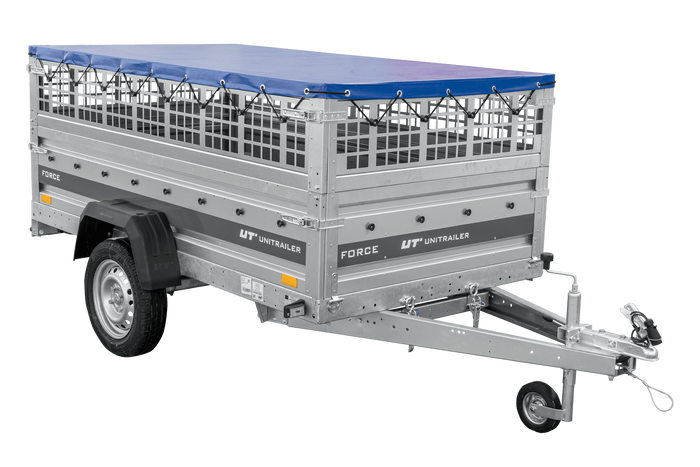 Remorque à un essieu 230x125 UNITRAILER FORCE 230 KIPP avec côtés grillagés, châssis H-0 et bâche bleue