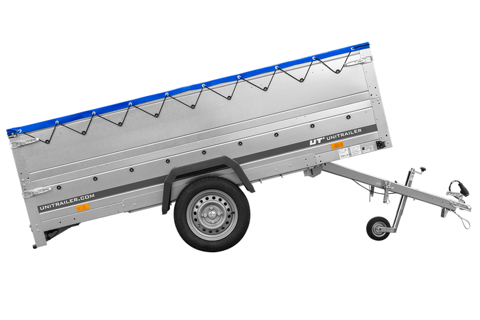 Remorque à un essieu sur ressorts 264x125 UNITRAILER GARDEN 264/R KIPP avec côtés, ridelles BIS, châssis H-0 et bâche bleue