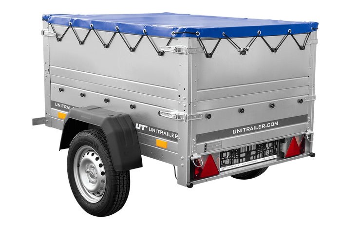 Remorque petite à vendre à benne basculante - Garden Trailer 150 KIPP [avec rehausses de ridelles et bâche plate bleue]