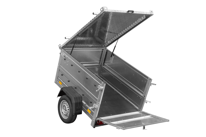 Remorque mono-essieu 150x106 UNITRAILER GARDEN 150 KIPP avec ridelles BIS et bâche en aluminium
