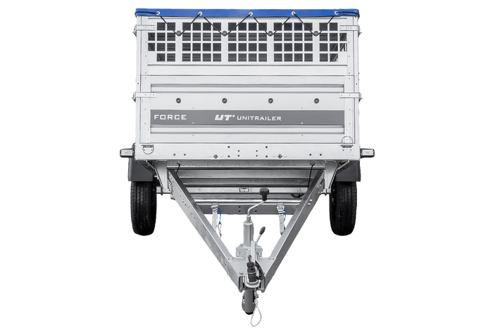 Remorque à un essieu 264x125 UNITRAILER FORCE 264 KIPP avec ridelles grillagées, châssis H-0 et bâche bleue