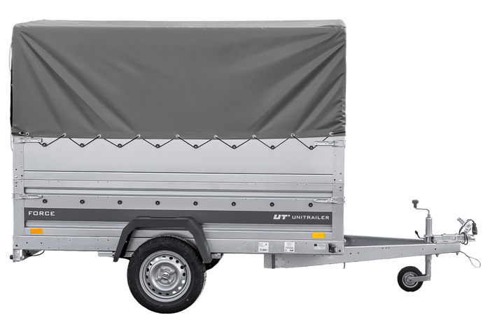 Remorque à un essieu sur ressorts 230x125 UNITRAILER FORCE 230/R KIPP avec ridelles BIS, châssis H-800 et bâche grise