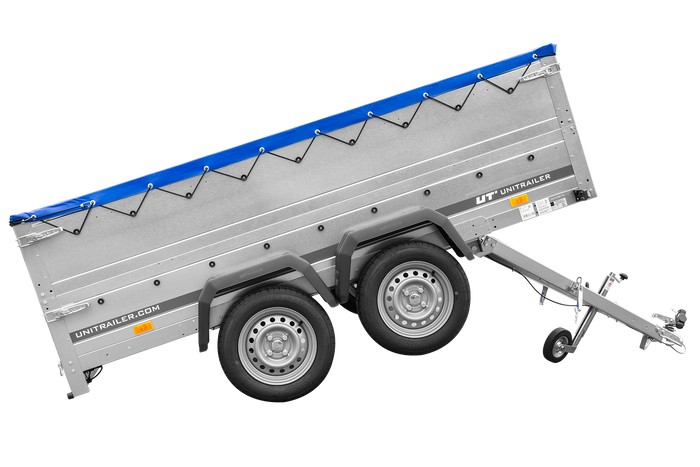 Remorque double essieux Garden Trailer 264/2 KIPP avec roue jockey, rehausses de ridelles et bâche plate bleue