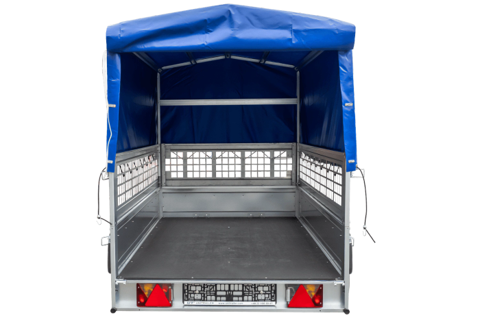Remorque porte-voitures sur ressorts 230x125 UNITRAILER GARDEN 230/R KIPP avec côtés en filet, châssis H-800 et bâche bleue