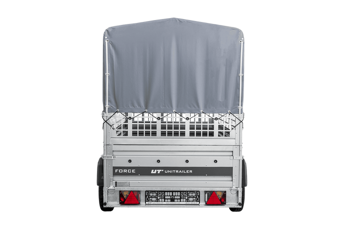 Remorque porte-voitures sur ressorts 230x125 UNITRAILER FORCE 230/R KIPP avec côtés en filet, châssis H-800 et bâche grise